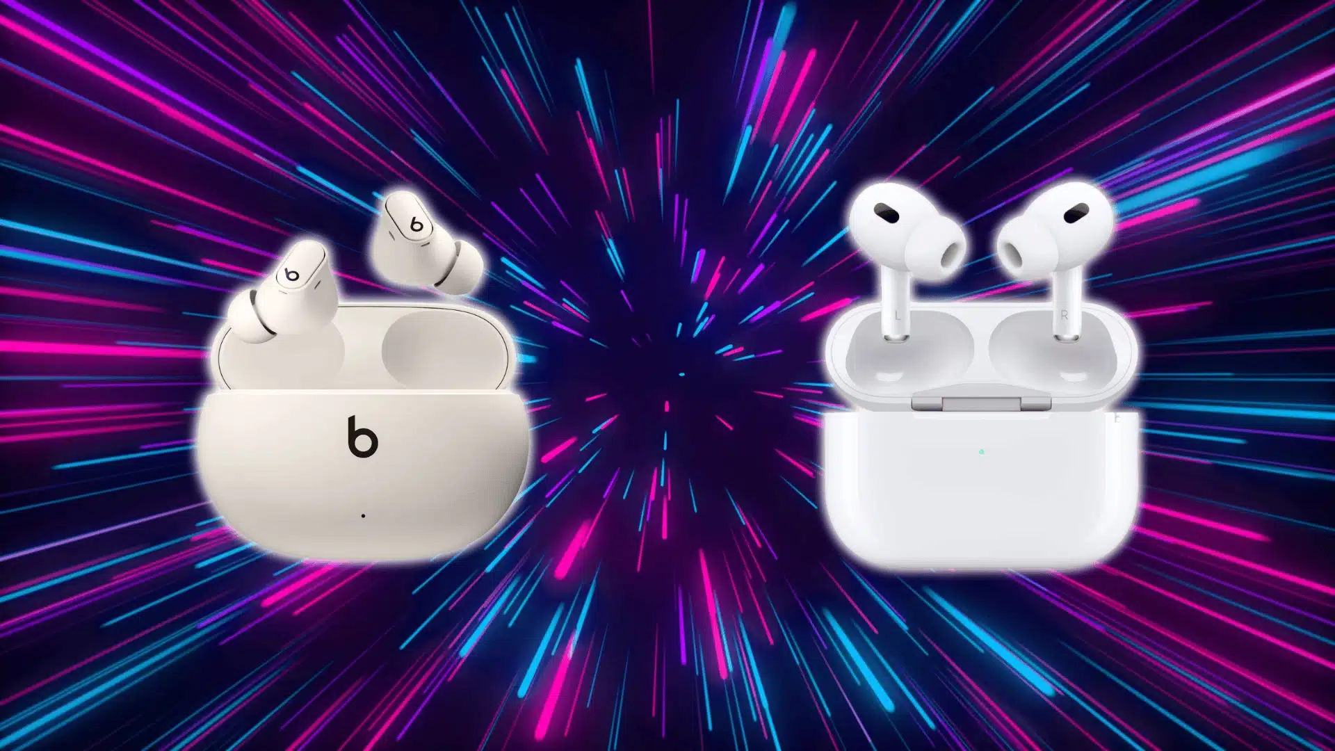 Beats earbuds and Apple AirPods Pro cases side by side against a neon light burst background.