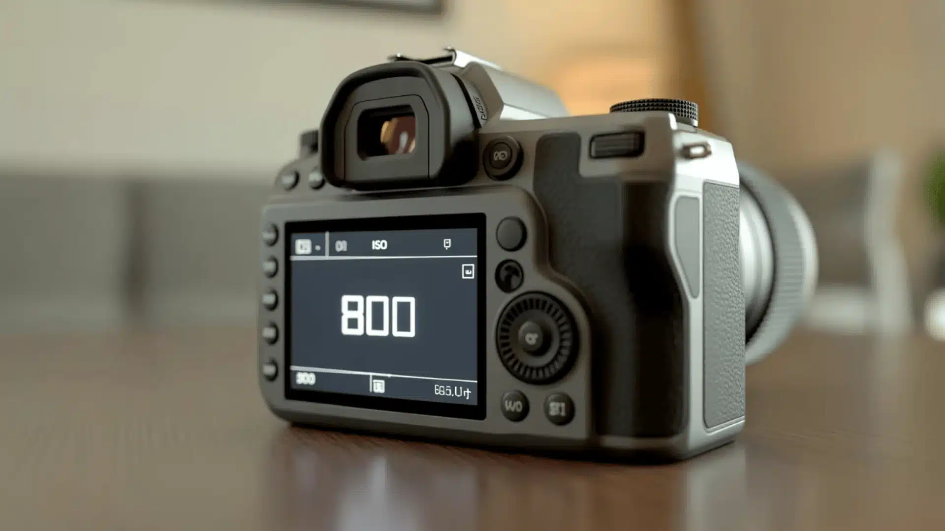 Camera rear screen showing ISO setting with control dial visible