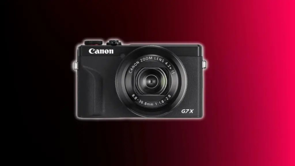 Canon PowerShot G7 X Mark III compact camera with zoom lens shown against a black and red gradient background