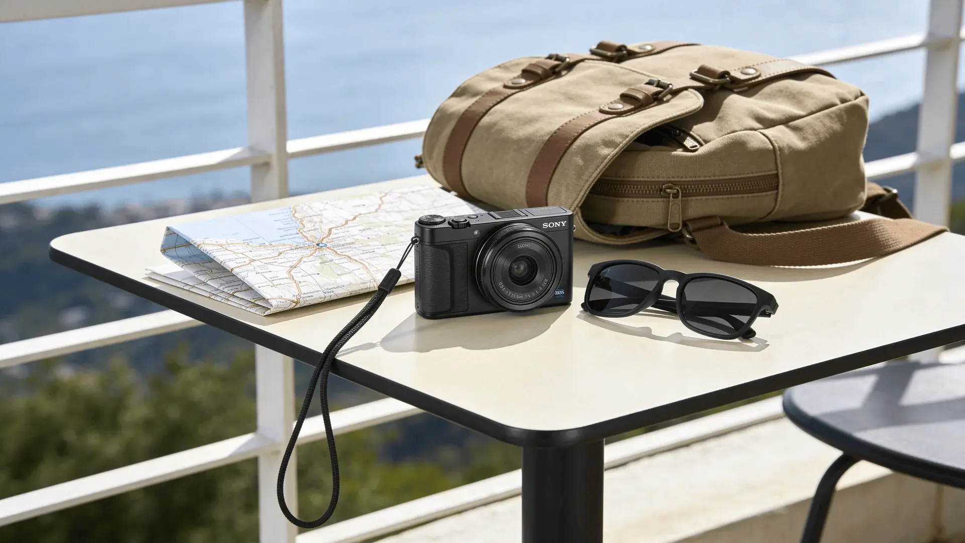 Compact camera on a travel table with map and backpack outdoors