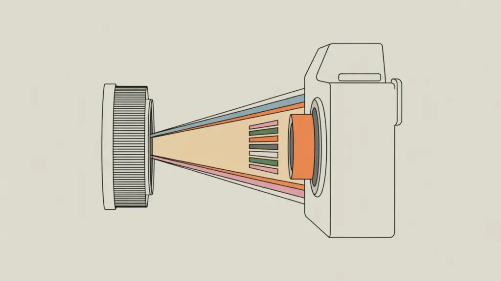Diagram of light entering camera lens and amplified signal inside sensor