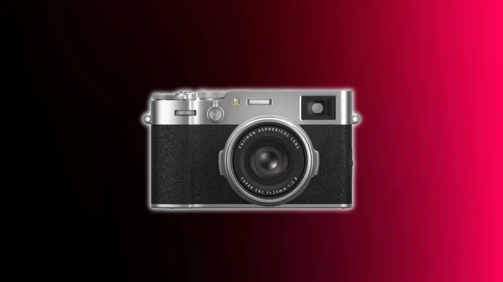 Fujifilm X100VI compact camera with fixed lens shown against a black and red gradient background