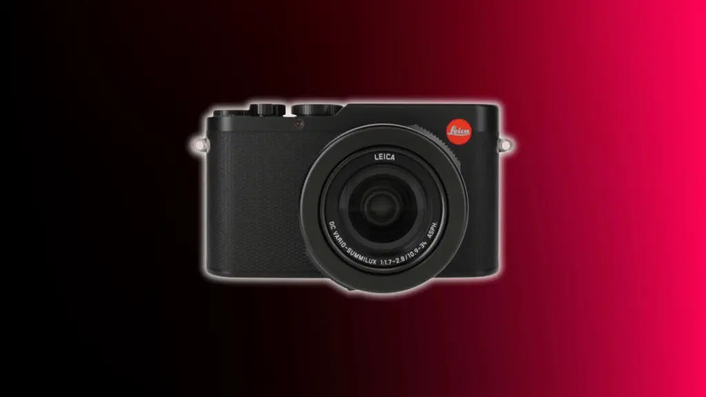 Leica D-Lux 8 compact camera with zoom lens and premium metal body shown against a black and red gradient background