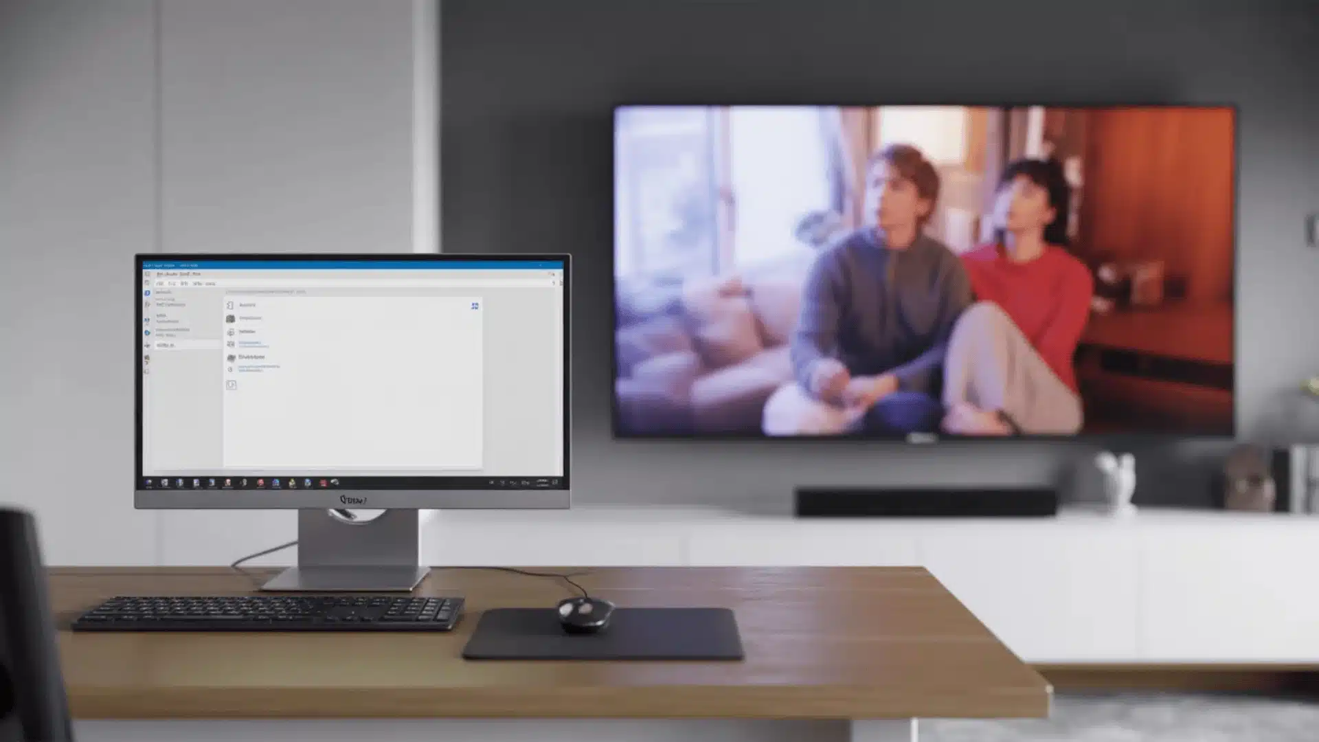 Monitor on desk and TV in room shown side by side in a combined setup