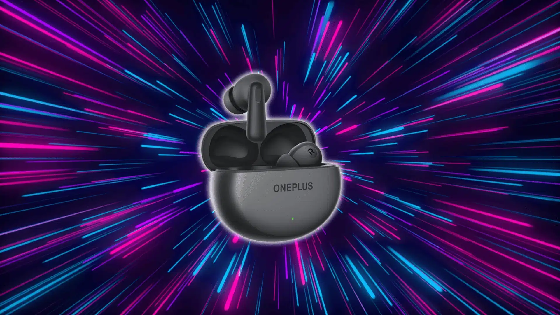 OnePlus earbuds in an open charging case with neon light streak background in blue and pink tones