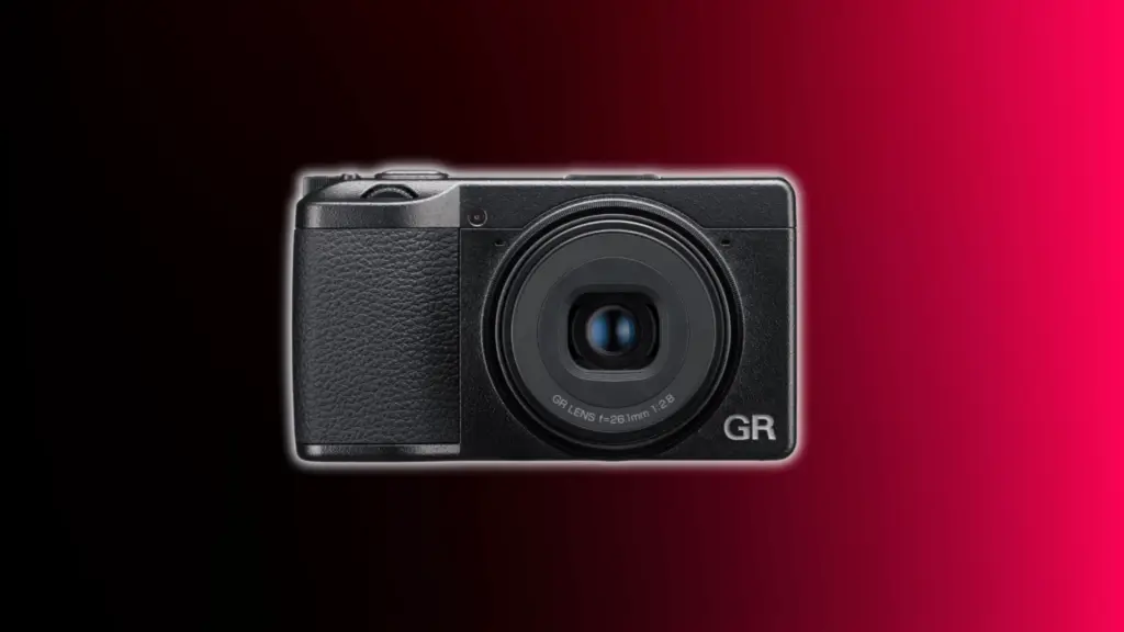 Ricoh GR III compact camera with fixed wide lens shown against a black and red gradient background