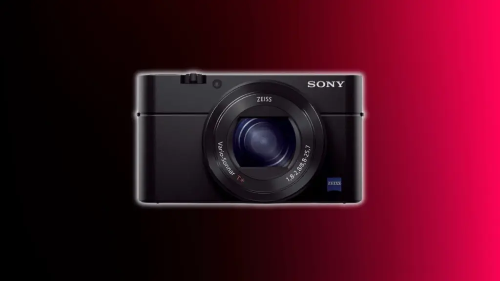 Sony RX100 III compact camera with Zeiss zoom lens shown against a black and red gradient background