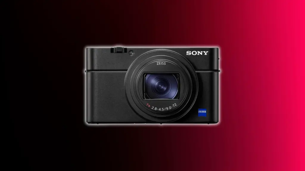 Sony RX100 VII compact camera with Zeiss zoom lens shown against a black and red gradient background
