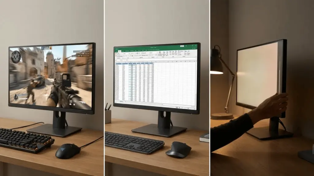 Three side-by-side scenes showing gaming, office work, and monitor brightness adjustment setups