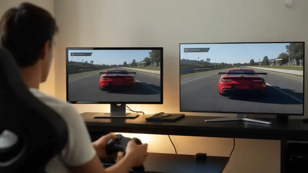 Two screens showing fast game with visible timing difference between monitor and TV
