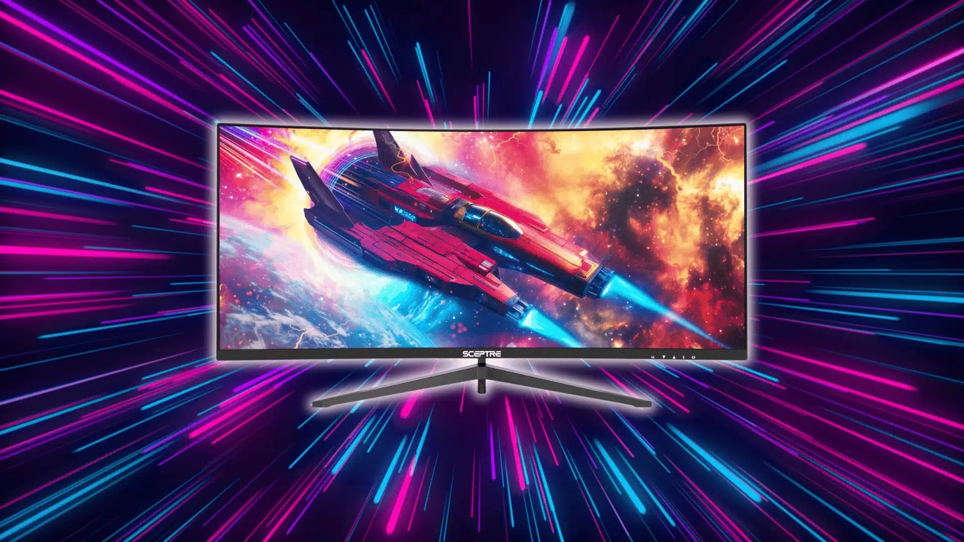 Ultrawide monitor displaying a fast-moving space game with vibrant colors and motion effects