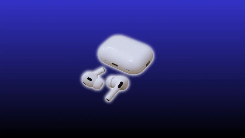 White Air Pods pro and case on a blue background.