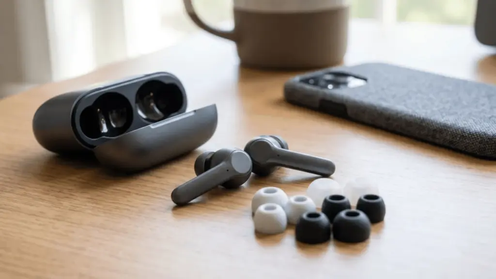 Wireless earbuds with multiple ear tips and charging case placed on a table