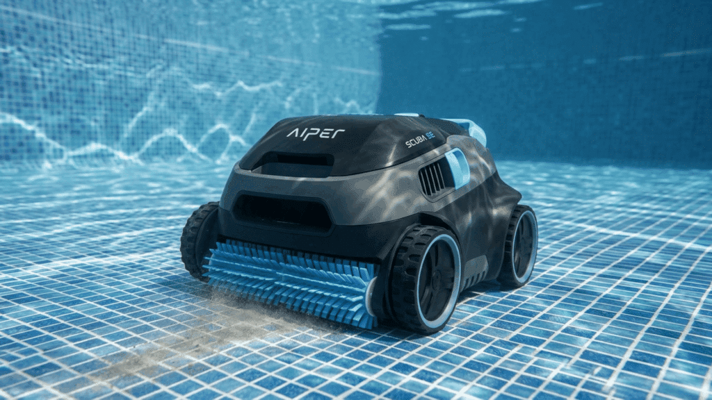 aiper Scuba SE cordless robotic pool cleaner operating underwater, capturing dirt and debris on a tiled swimming pool floor.