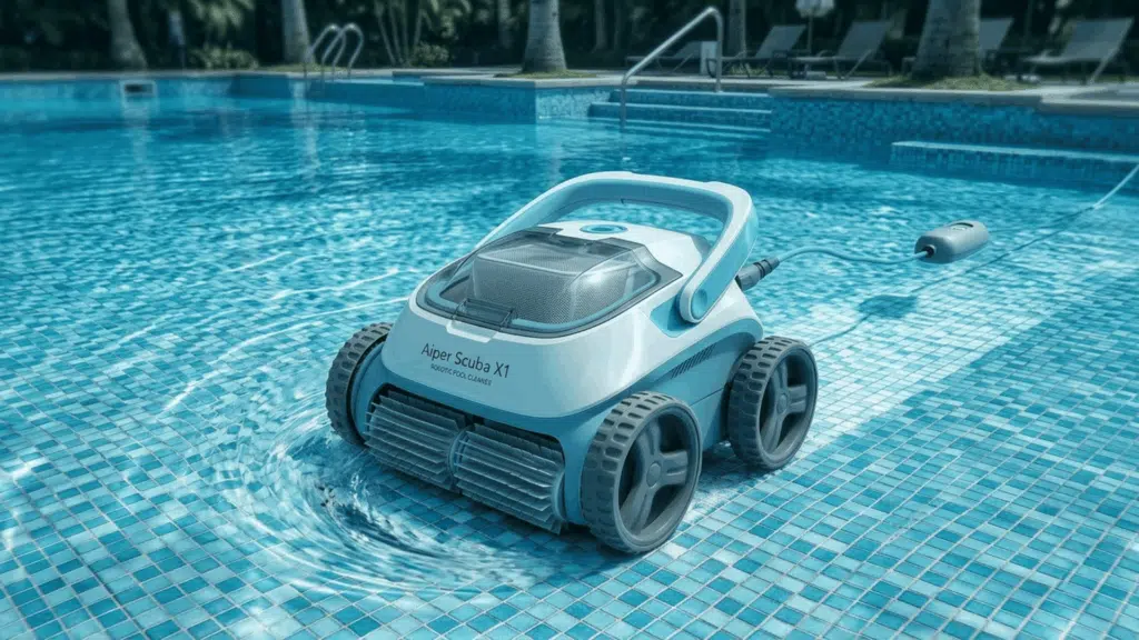 aiper Scuba X1 cordless robotic pool cleaner navigating pool floor with advanced filtration and smooth movement in clear water.