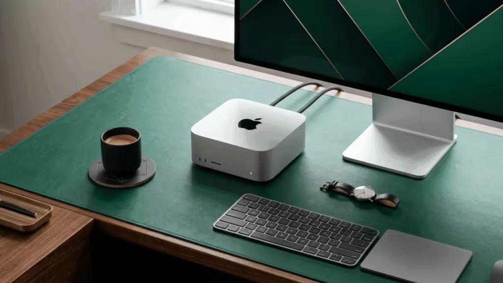 apple Mac mini on a green desk mat beside a monitor, keyboard, coffee cup, and watch in a clean, minimalist workspace setup.