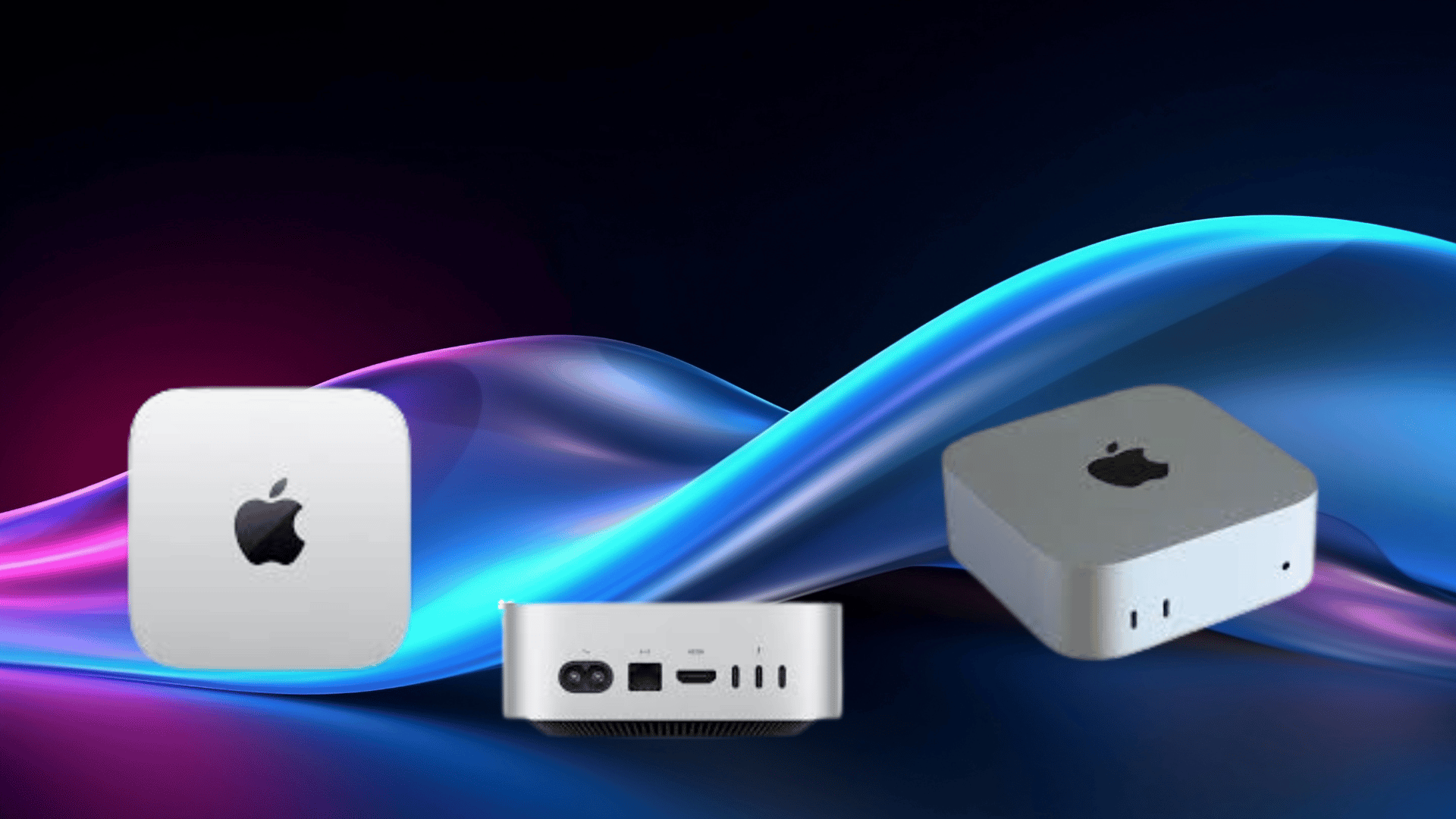 apple Mac mini shown from multiple angles on a colorful abstract background, displaying ports, top view, and compact form factor.