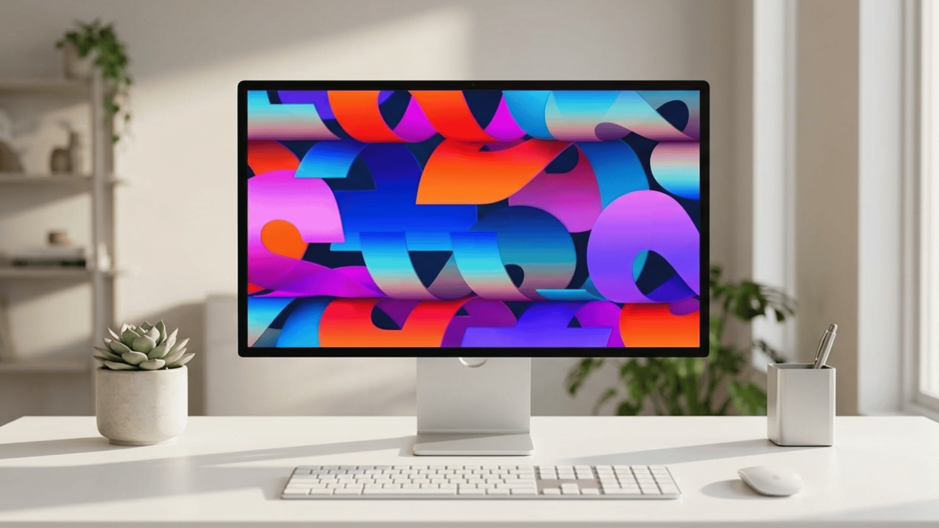 apple studio display on minimal white desk with bright colorful screen and clean modern setup