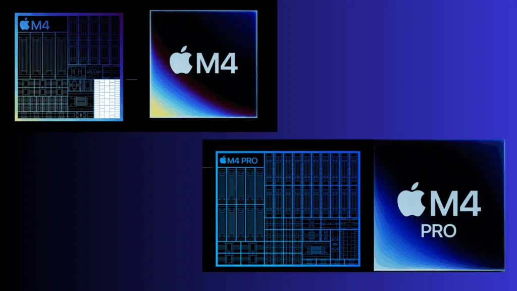 apple style image with two chips labeled M4 and M4 Pro on clean gradient background