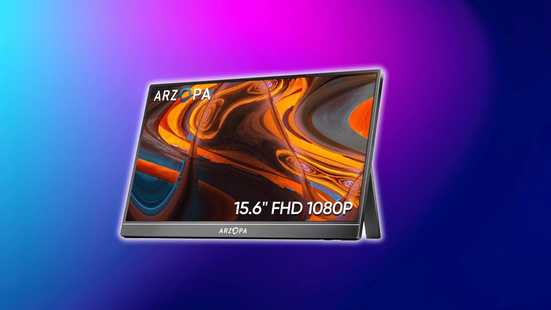ARZOPA 15.6-inch FHD portable monitor with abstract display on a purple-blue background