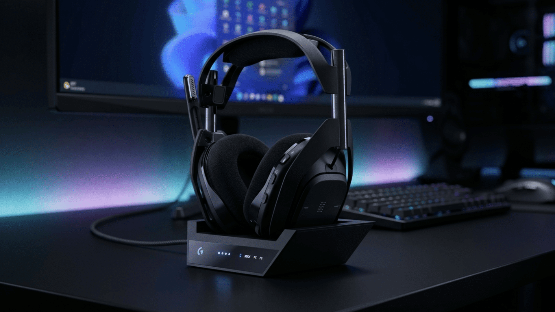 astro gaming headset with charging dock and soft ear pads placed in modern minimal gaming setup