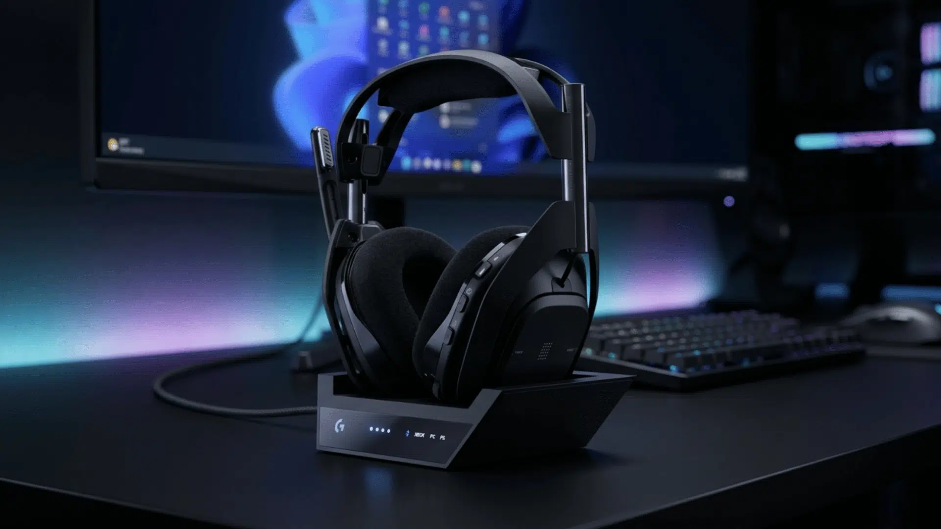 astro gaming headset with charging dock and soft ear pads placed in modern minimal gaming setup