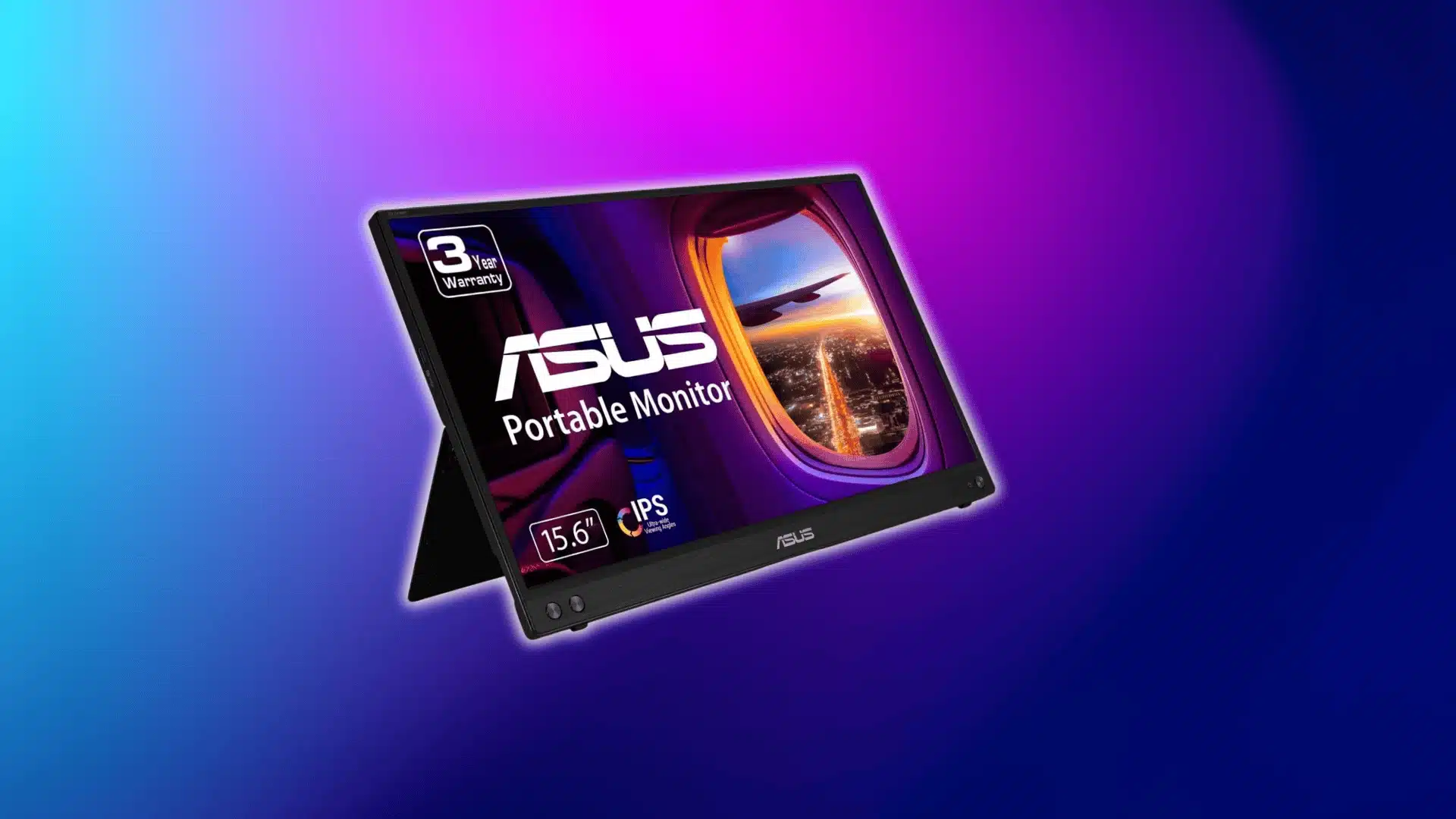 ASUS 15.6-inch IPS portable monitor on a purple-blue background