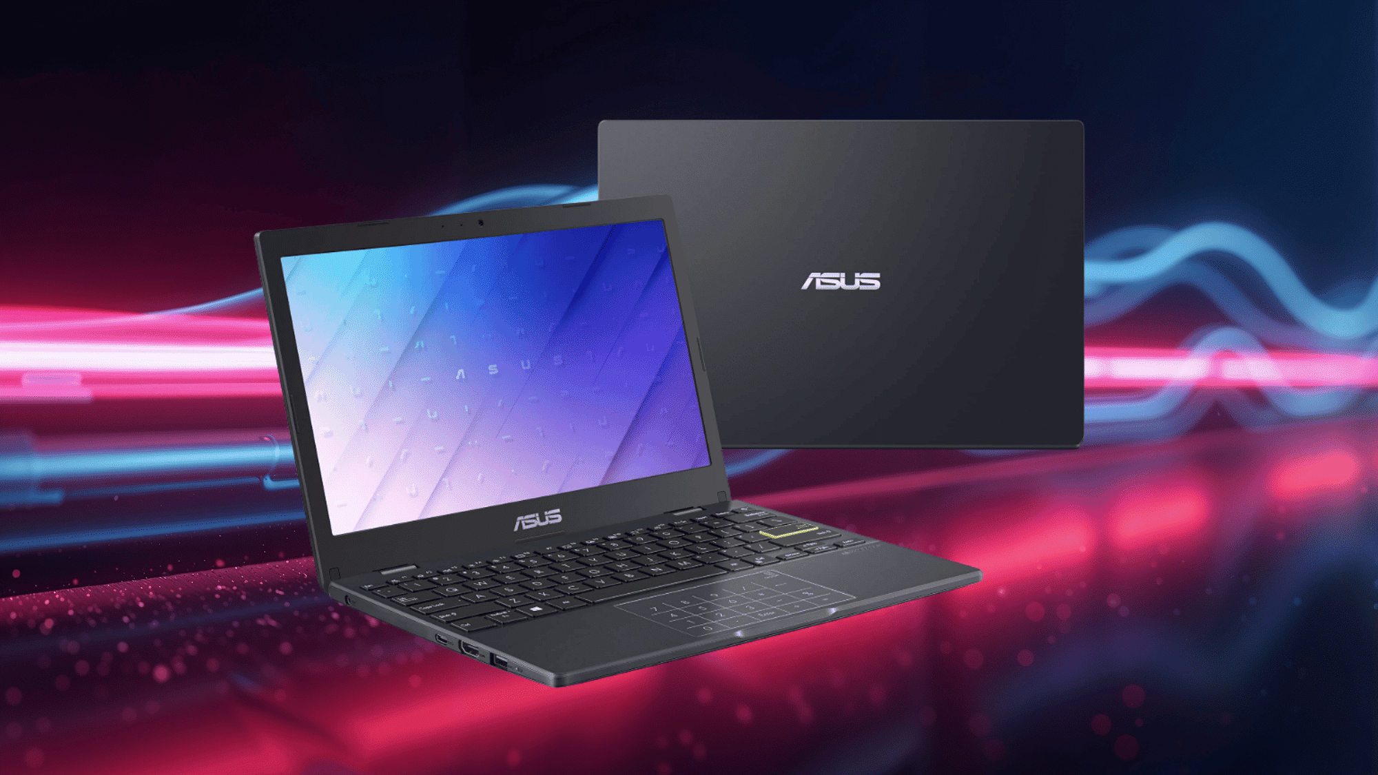 asus laptop front and back view with sleek design and colorful background showcasing modern build