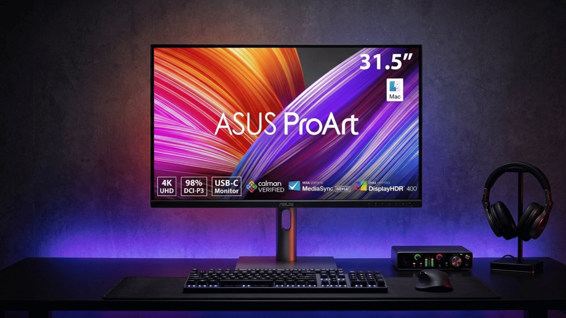 asus proart monitor in dark setup with rgb lighting and keyboard for focused photo editing environment