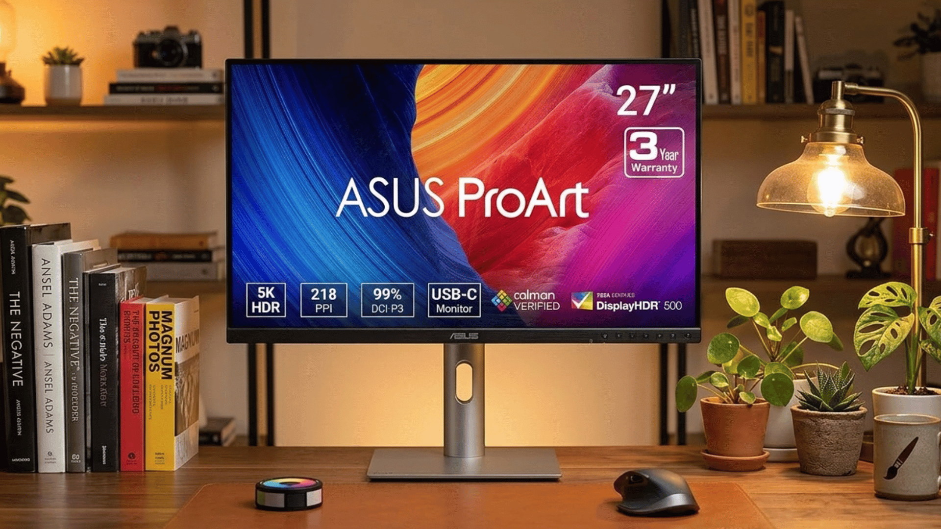 asus proart monitor on modern desk with warm lighting and creative workspace elements for editing photos
