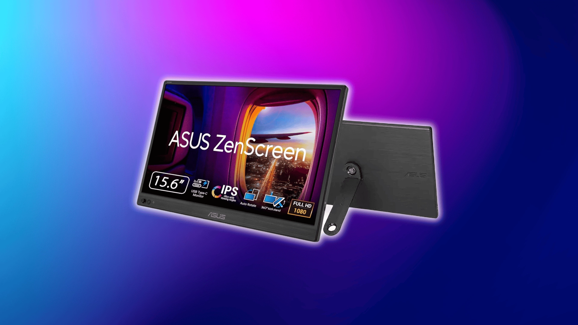 ASUS ZenScreen 15.6-inch IPS Full HD portable monitor with fold-out stand on a purple-blue background