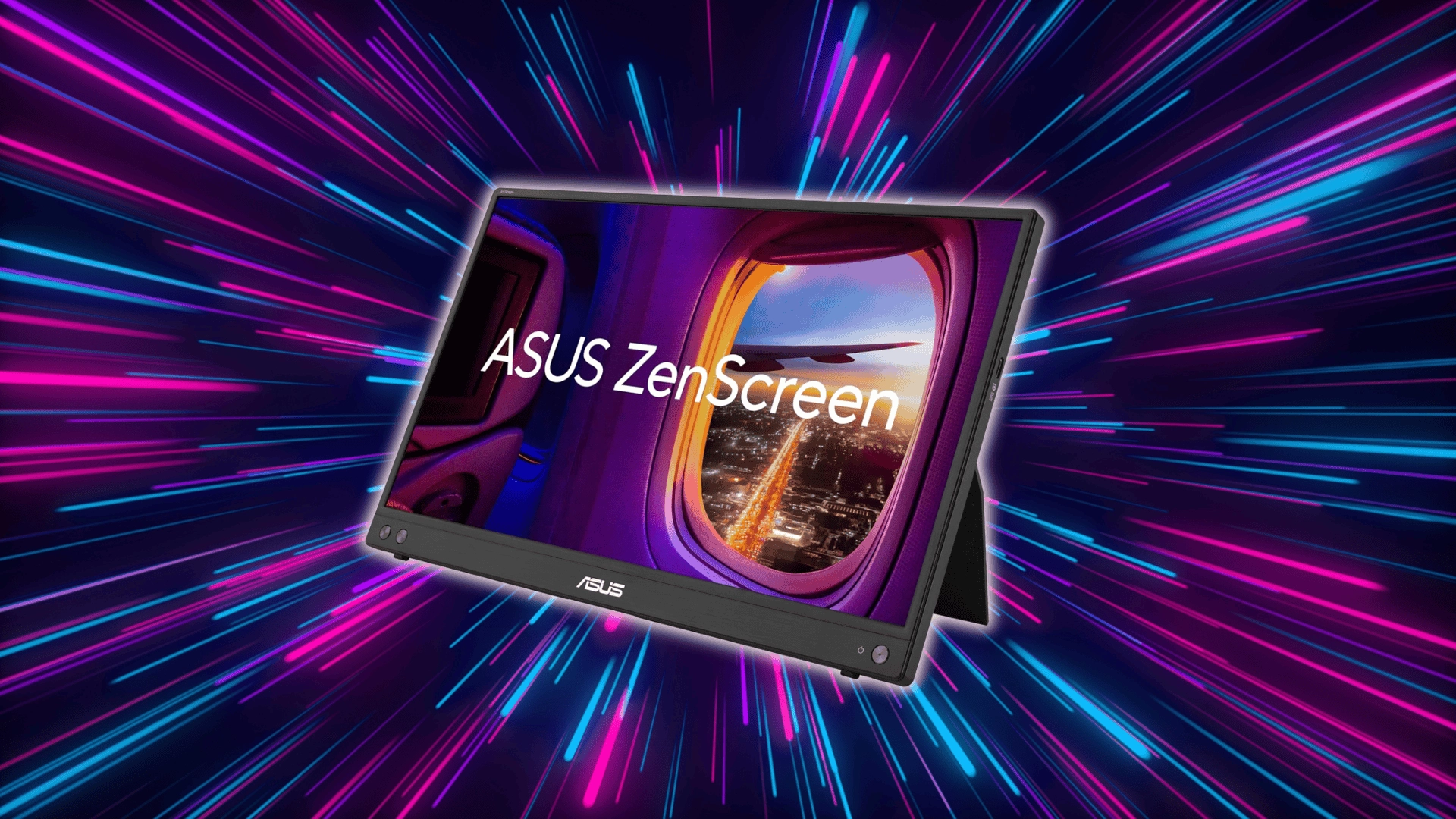 ASUS ZenScreen portable monitor with colorful neon background and angled display view