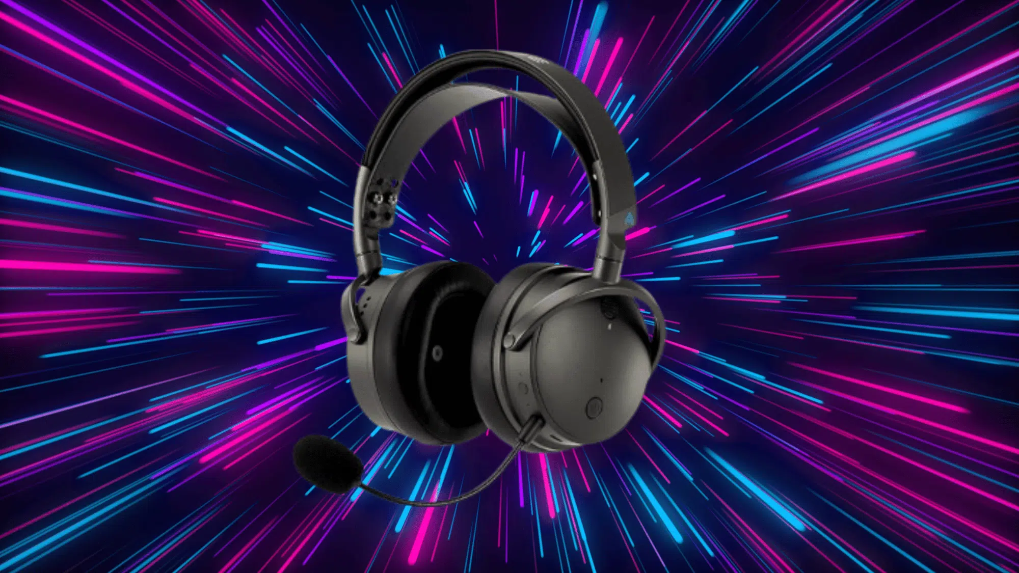 audeze maxwell wireless headphones against a vibrant neon light burst background