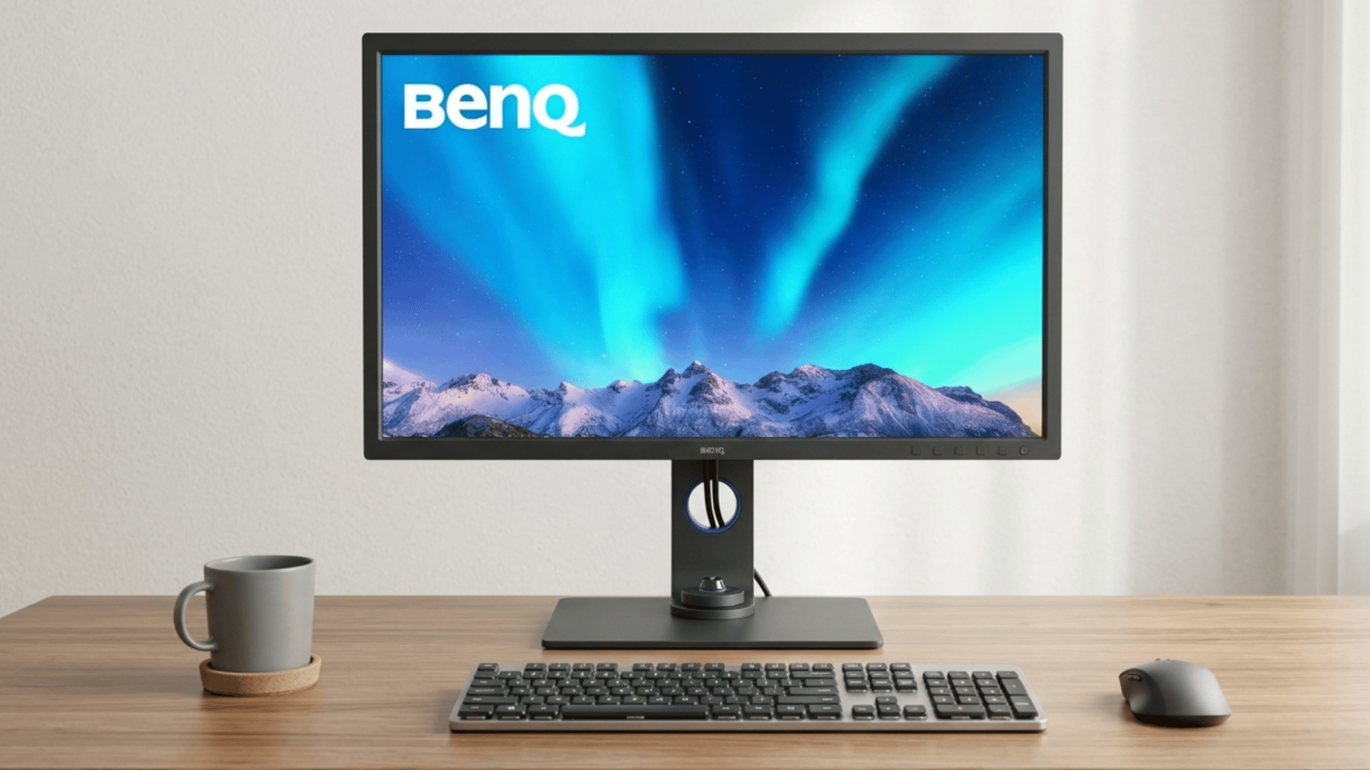 benq monitor on simple desk with natural light, minimal decor and clean workspace for photo editing