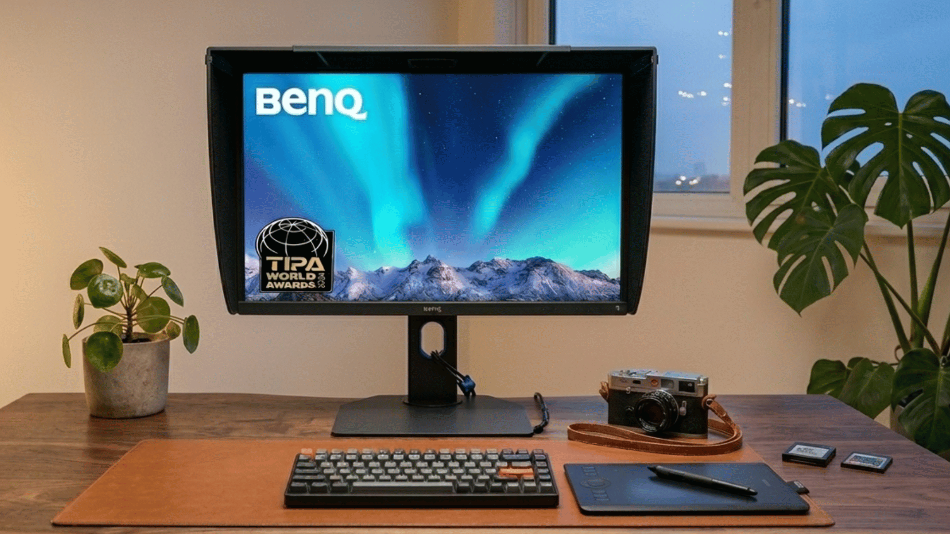 benq sw272u monitor on wooden desk with keyboard, camera gear and plants in a cozy photo editing setup