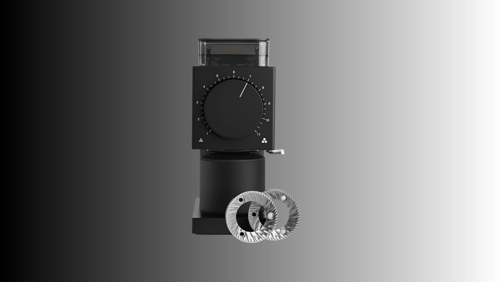Black coffee grinder with clear bean hopper and front control dial display.