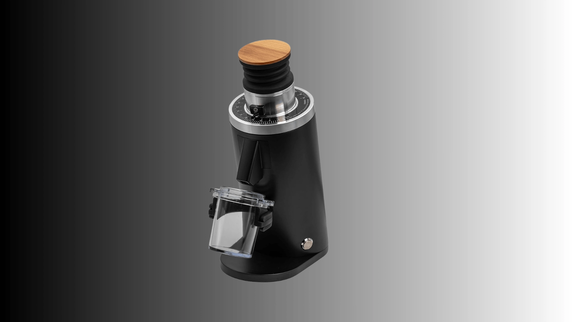 Black coffee grinder with clear hopper and front control knob.