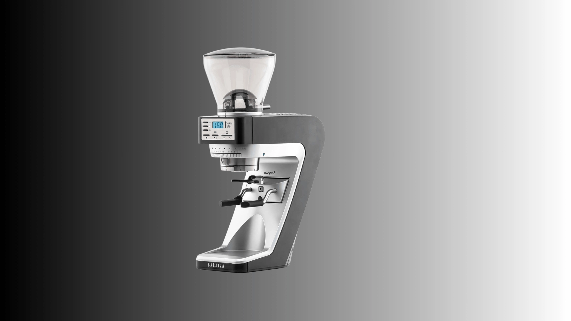 Black coffee grinder with clear hopper and digital control dial.