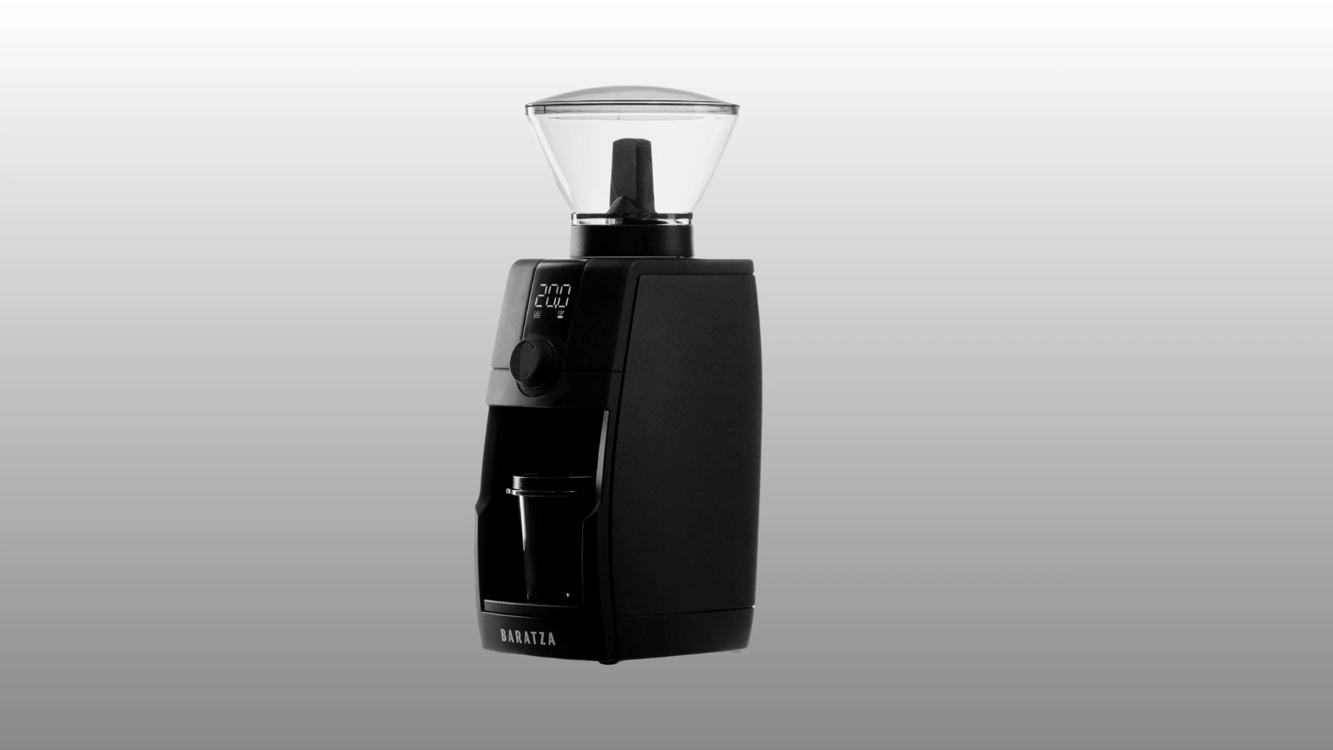 Black electric coffee grinder with a clear bean hopper and front control dial.