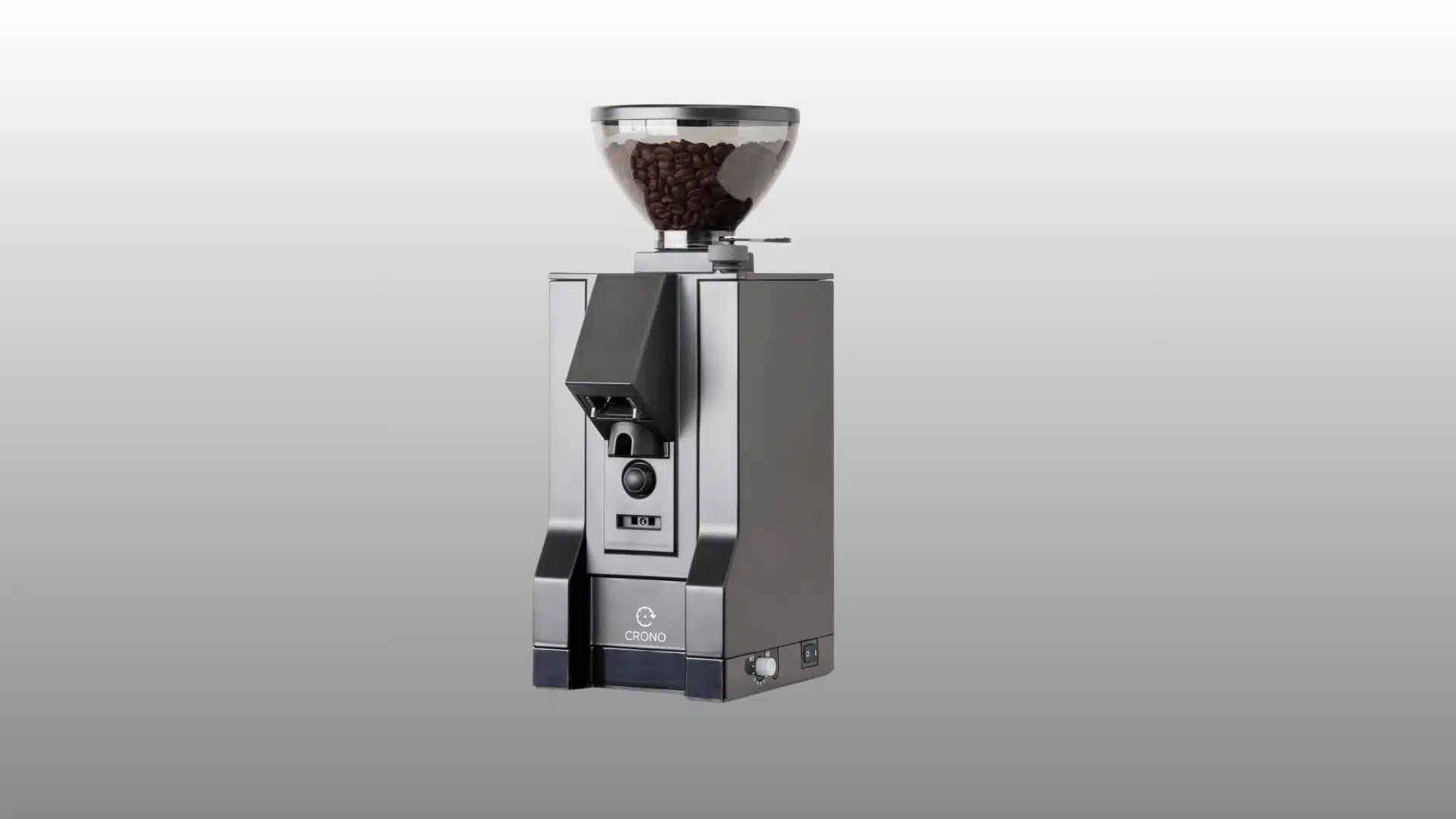 Black electric coffee grinder with clear bean hopper and front display dial.