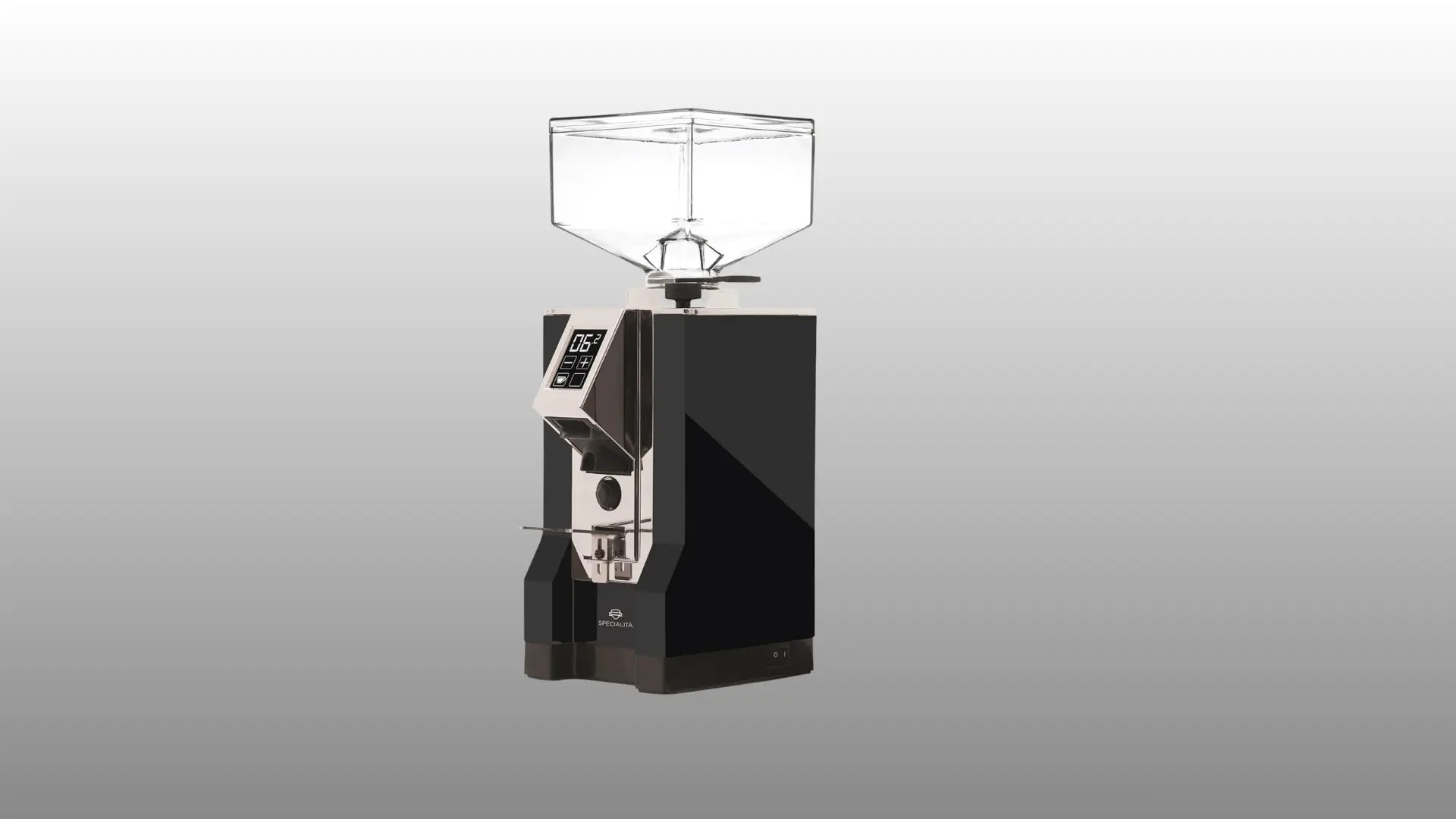 Black electric coffee grinder with clear bean hopper and front dial.