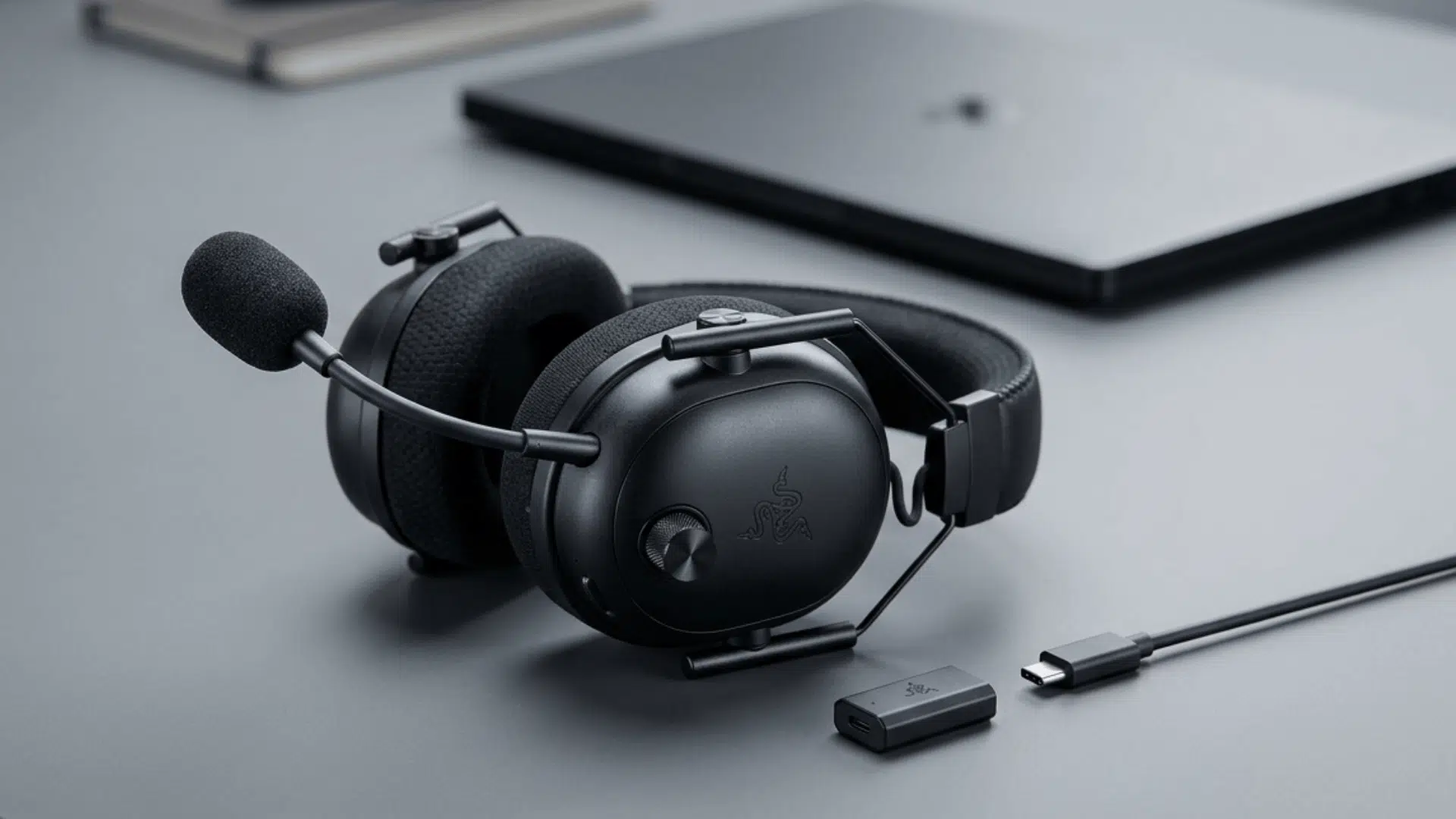 black gaming headset with detachable mic and textured ear cushions on clean minimal background