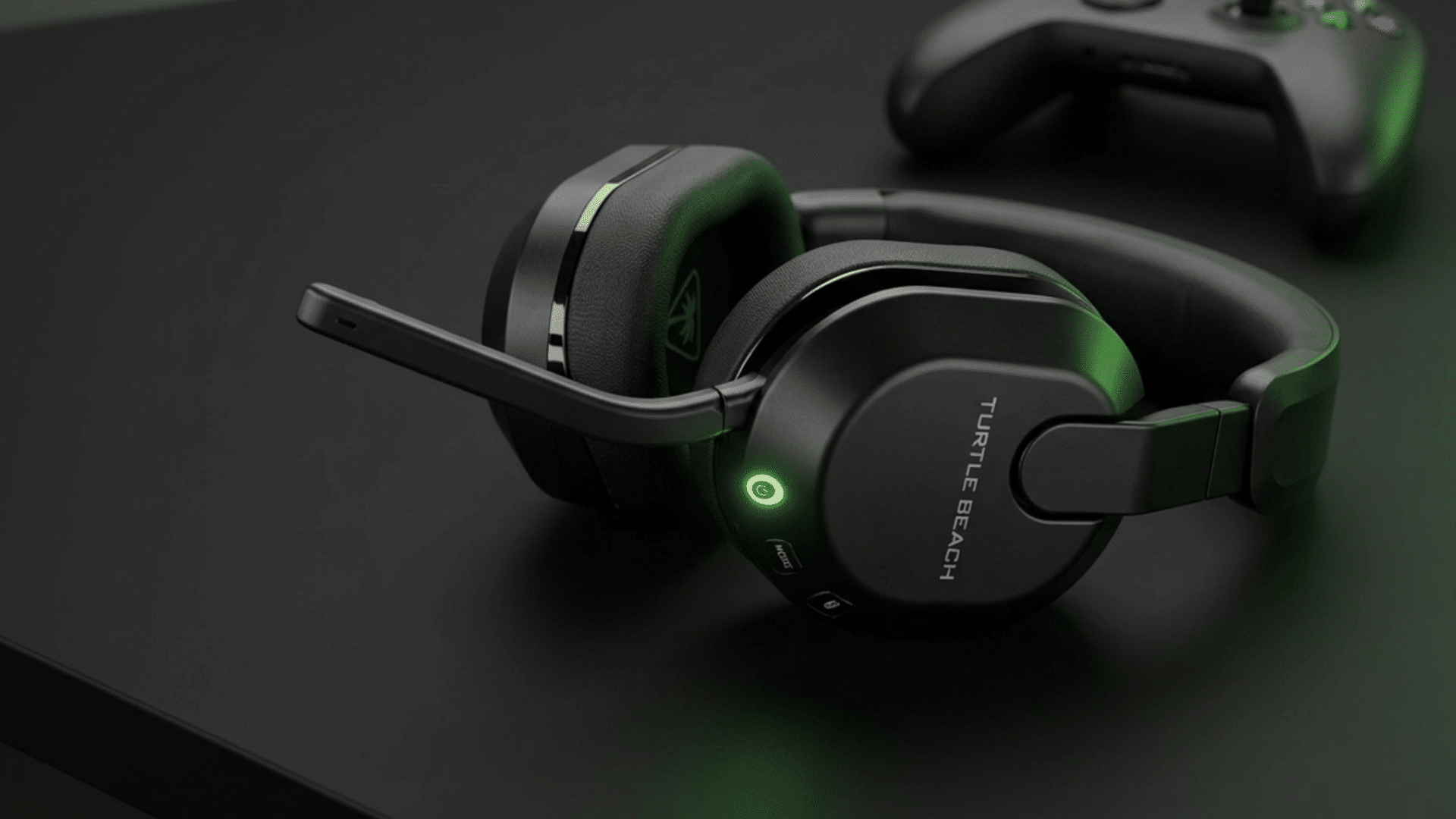 black turtle beach gaming headset with boom mic and cushioned ear cups on clean minimal background
