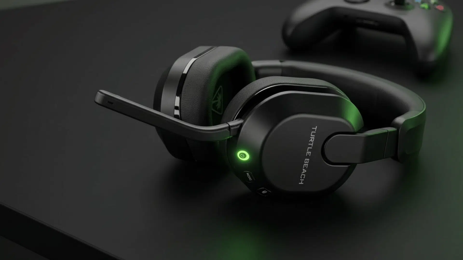 black turtle beach gaming headset with boom mic and cushioned ear cups on clean minimal background