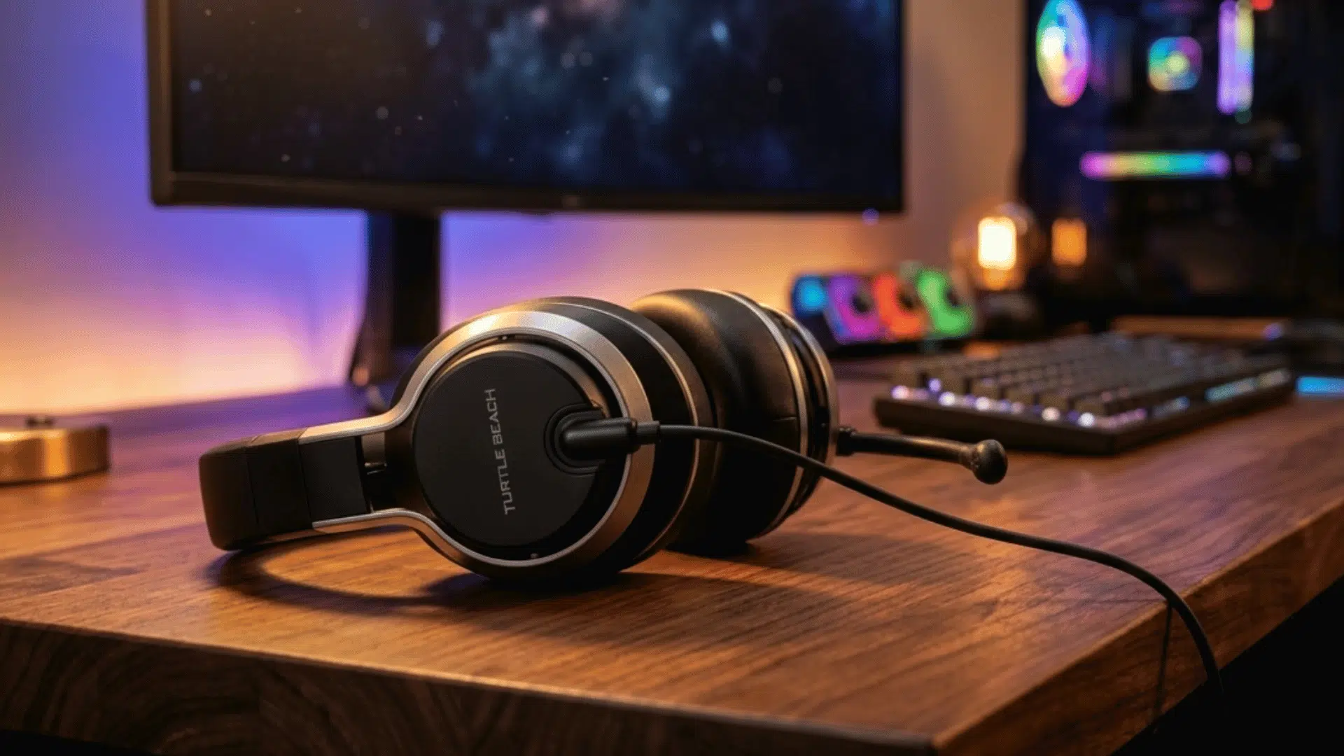 black turtle beach gaming headset with boom mic and padded ear cushions on simple neutral background