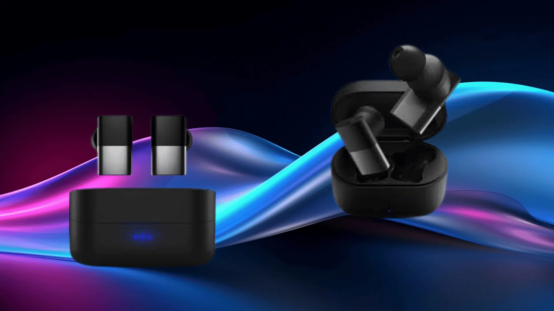 black wireless earbuds and charging case floating against a vibrant gradient wave background, highlighting sleek modern audio design (1)