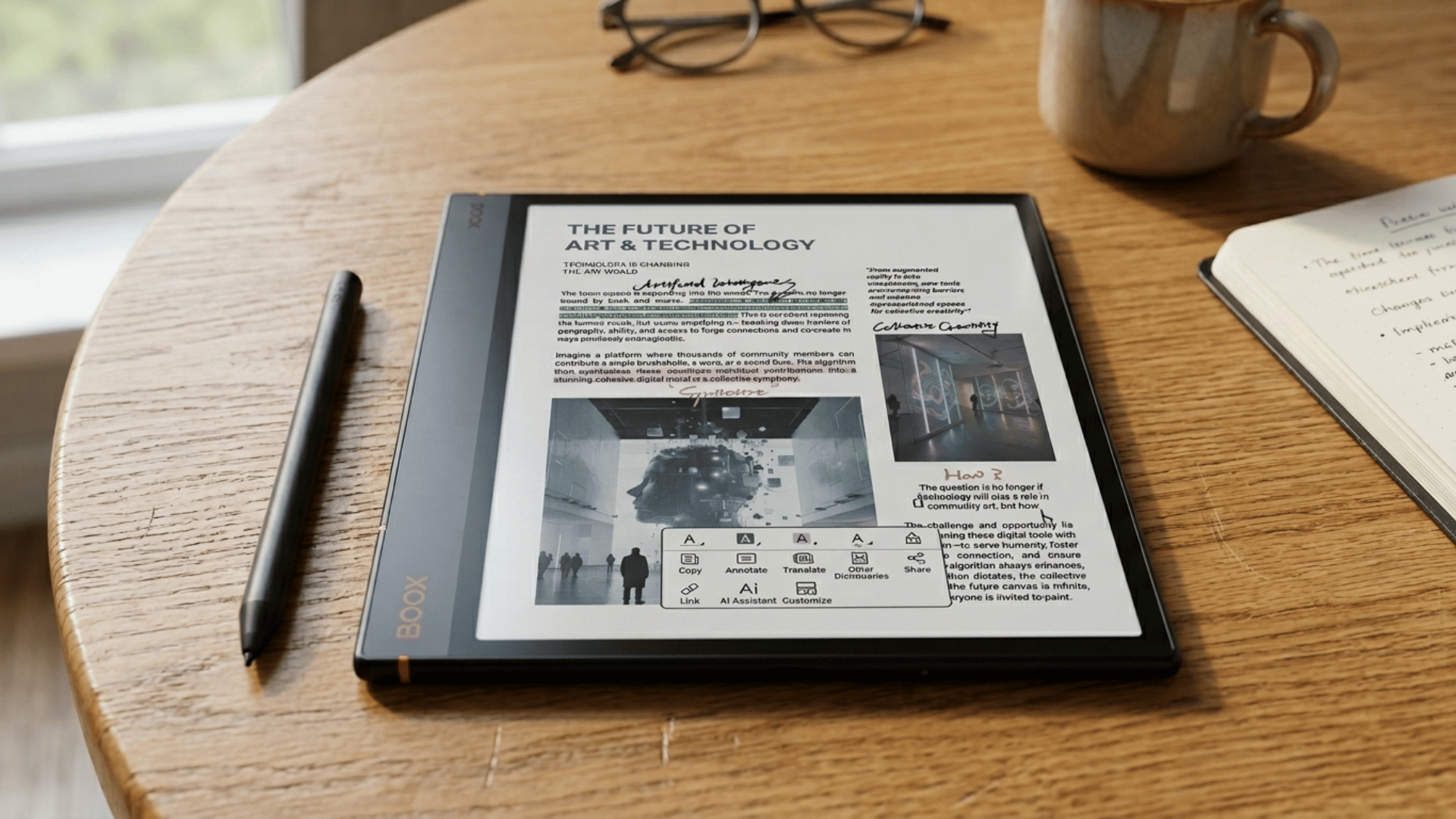 boox E-Ink tablet showing annotated document with stylus on desk, perfect for reading, editing, and note-taking tasks