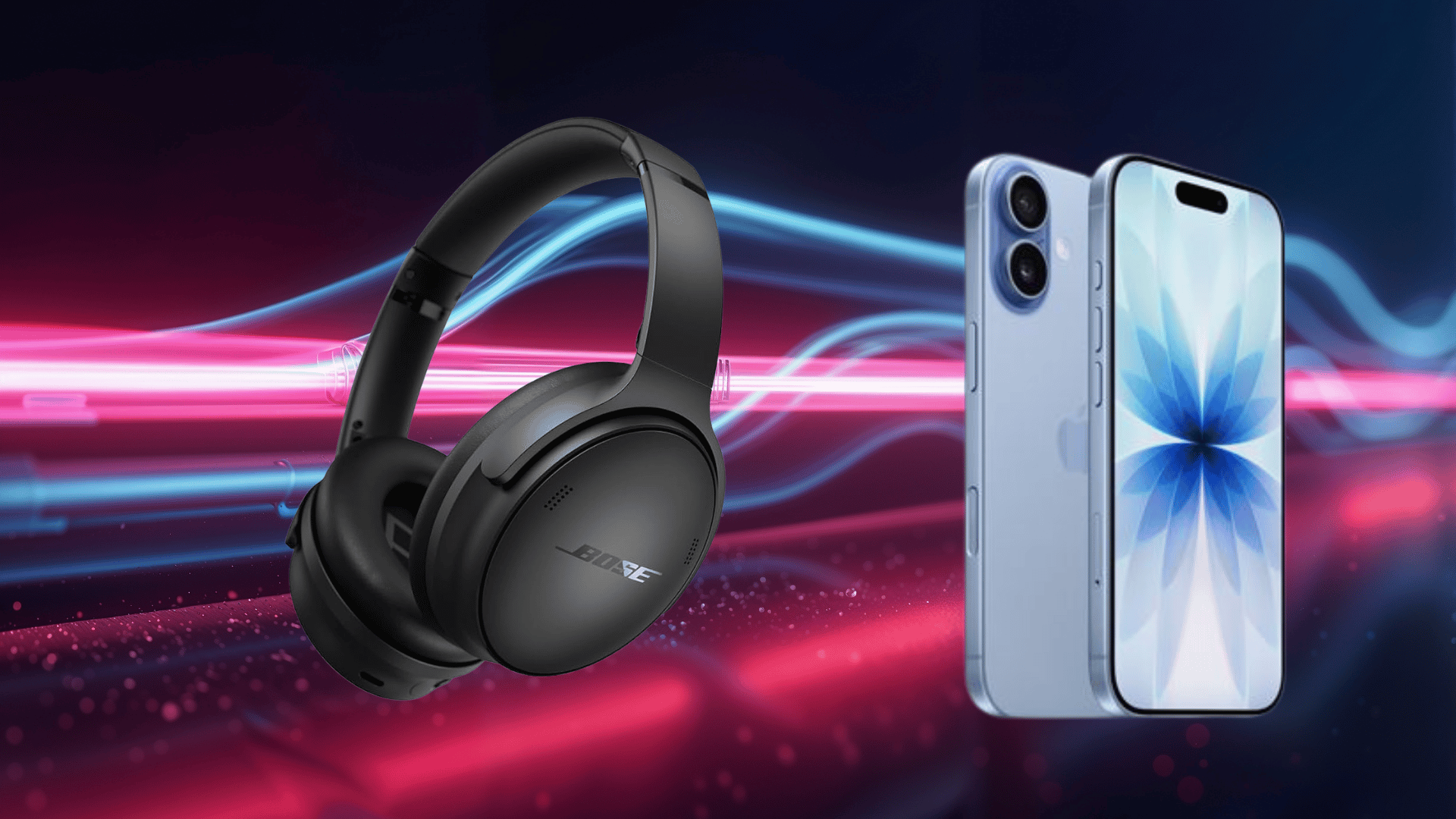 bose headphones and iPhone on a colorful background, representing Bluetooth pairing and wireless connection setup
