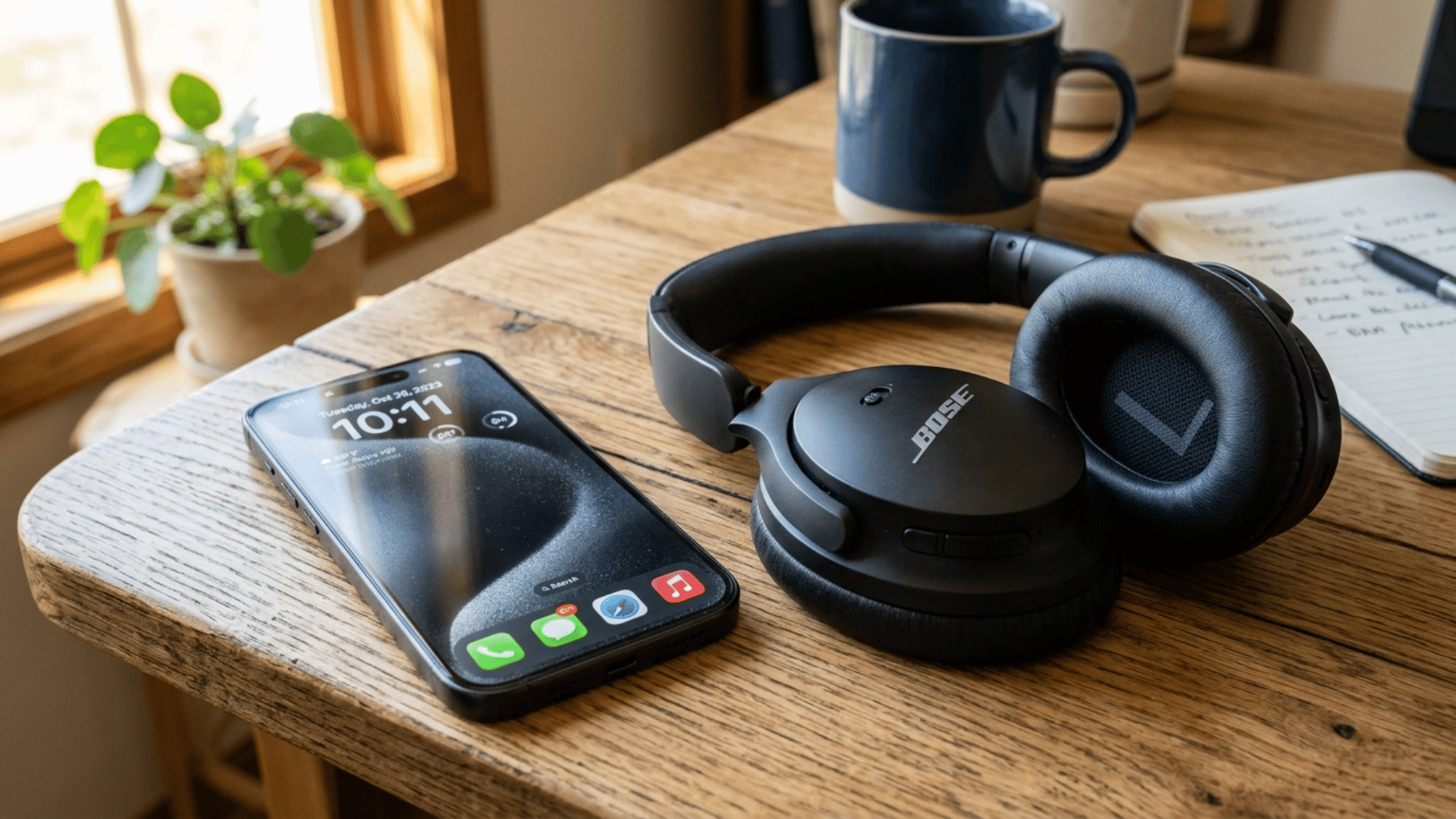 bose headphones placed next to an iPhone on a wooden table, showing a simple setup for connecting wireless headphones