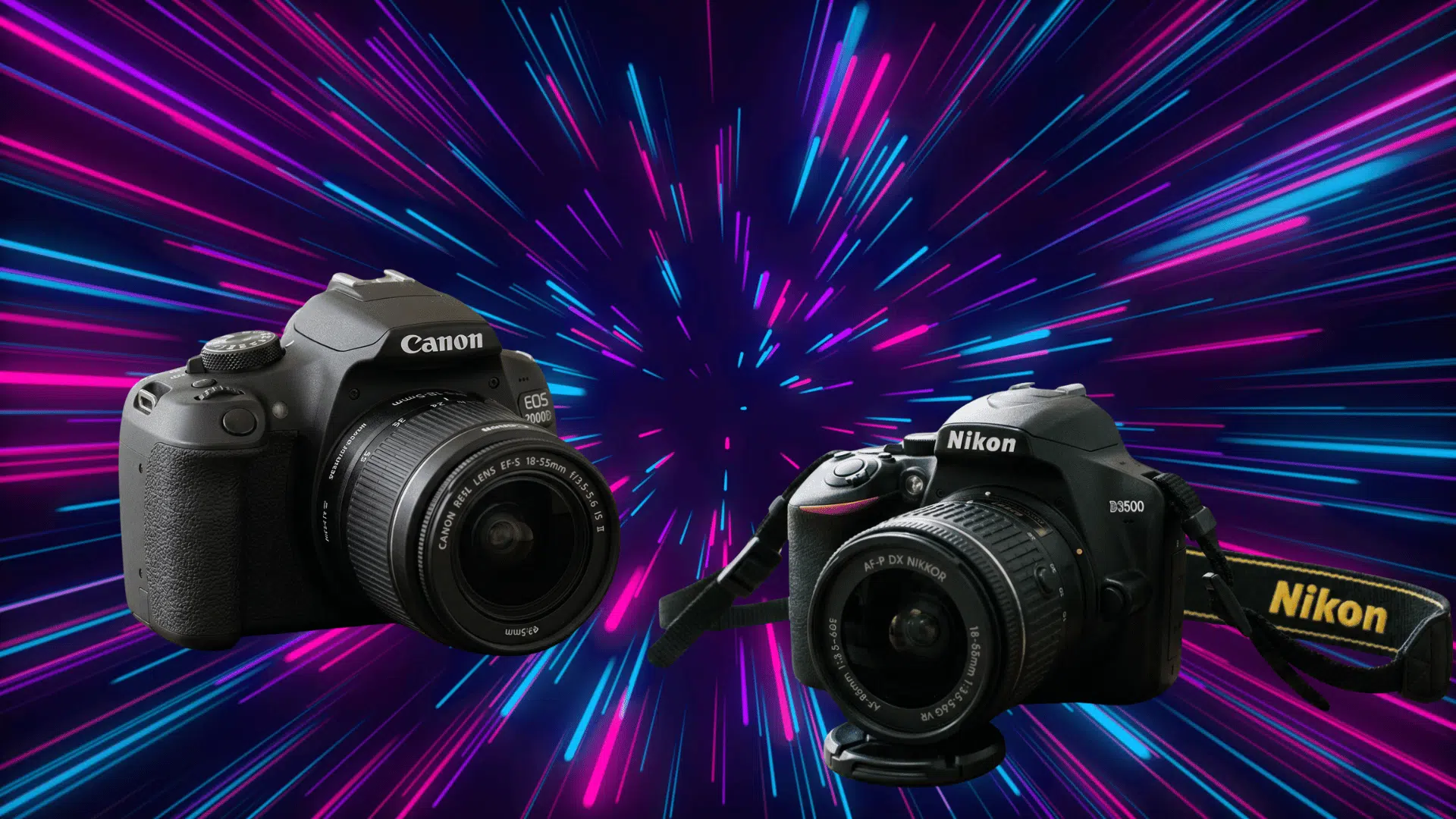 canon and nikon entry level DSLR cameras side by side with lenses, showing beginner-friendly models for photography comparison
